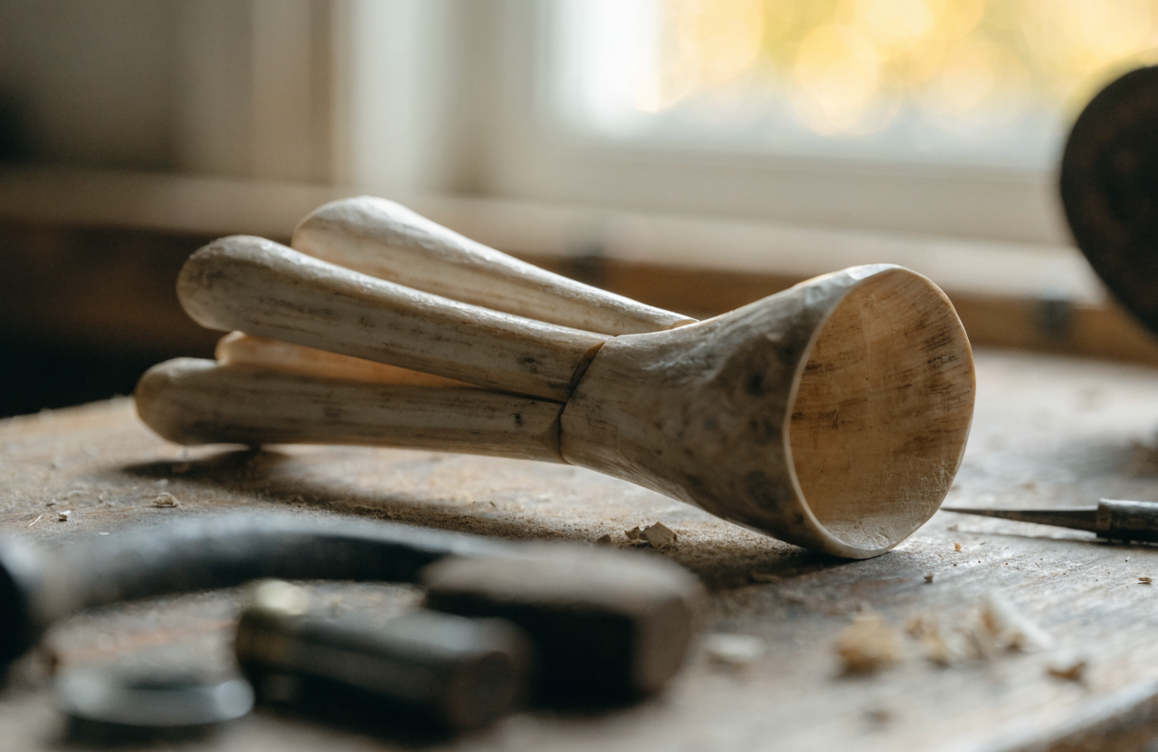 A handmade wing bone turkey call on a rustic workbench